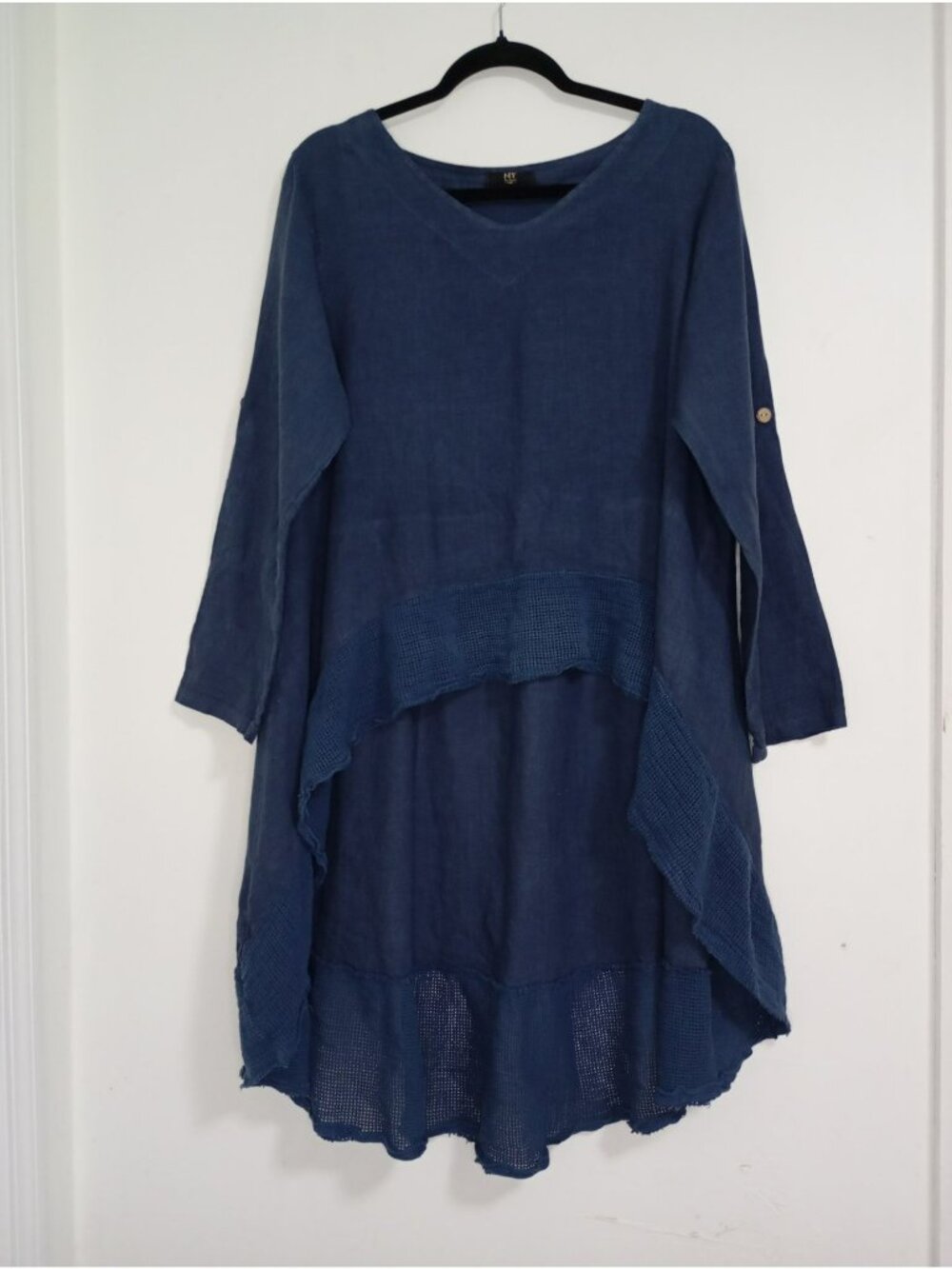 NT By Amarti Blue Linen Blend Asymmetrical Tunic Top Button Sleeve Detail
